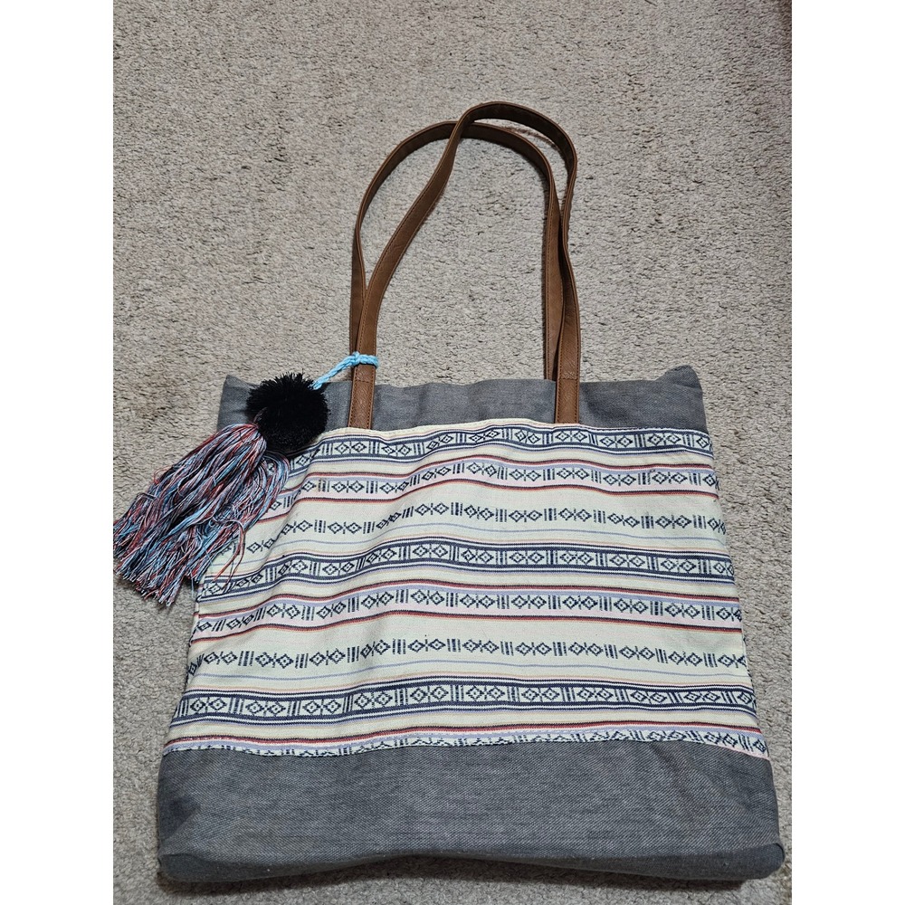 Boho Tribal Canvas Tote Bag Blue Multi Geometric Tassel NB163103